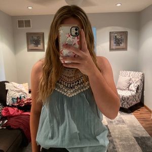 blue tank top with lace detail